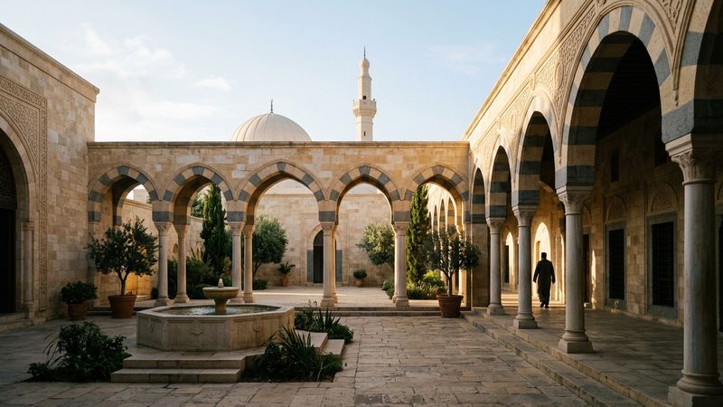 Sunlit arcaded courtyard of a historical mosque with striped stone arches, central fountain basin and pale dome visible beyond the sahn