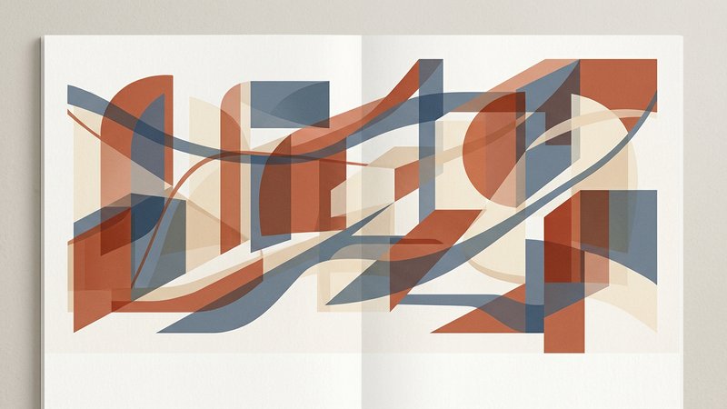 Abstract geometric composition featuring layered translucent planes in earthy ochre and deep blue tones, evoking architectural forms and contemporary spatial dynamics.