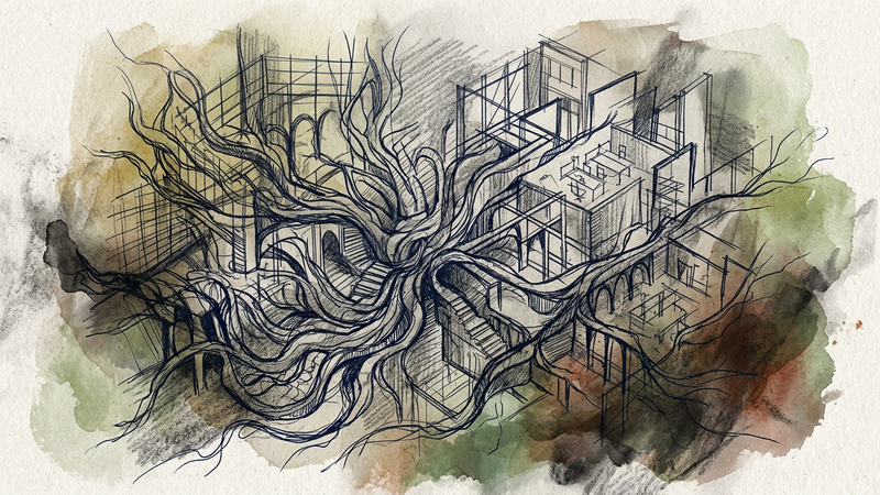 Abstract illustration of overlapping pen strokes forming architectural and organic shapes on a muted background