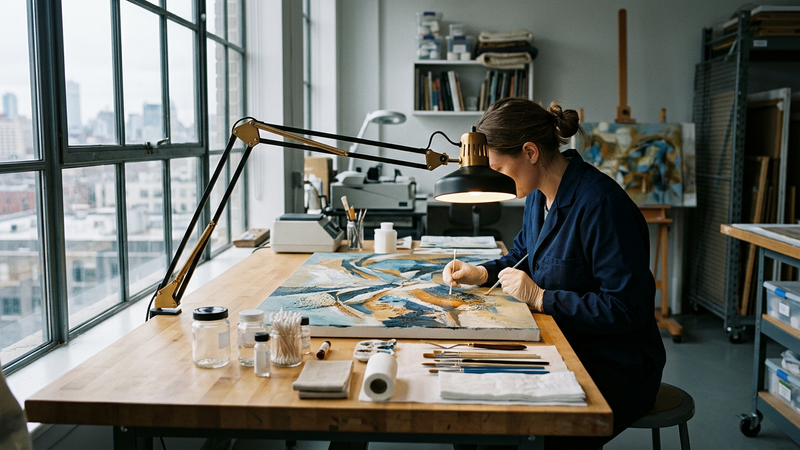 Conservation studio bench with angled task light, soft brushes and blotters beside a painting under examination, no readable labels