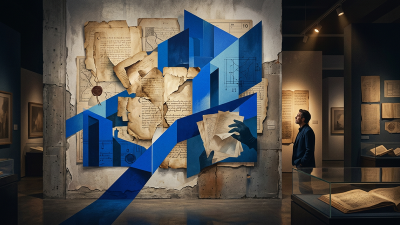 Abstract contemporary interpretation of woven threads forming a classical column beside fragmented stone and a bold blue sculptural form