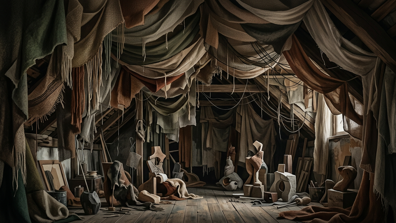 Abstract contemporary installation featuring layered fabric canopies and sculptural assemblages made from reclaimed materials in a dimly lit gallery space.