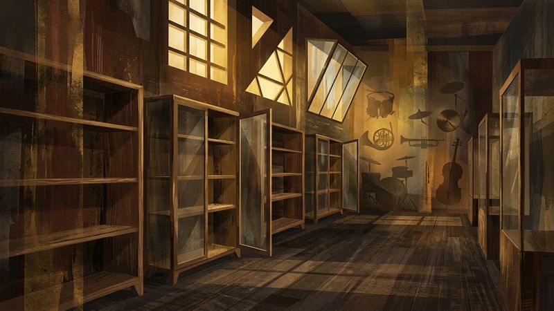 Abstract composition of museum shelves and empty display cases, with golden light filtering through geometric forms, evoking absence and restitution of cultural objects.