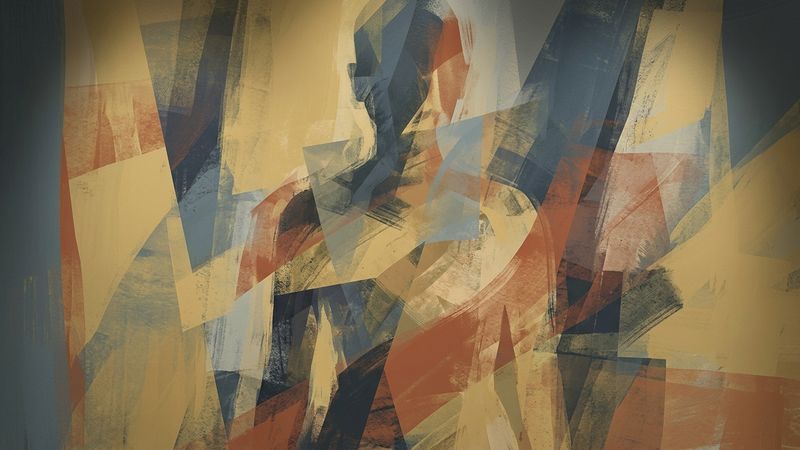 Abstract contemporary painting depicting fragmented geometric shapes in muted ochres and blues suggesting a hidden figure beneath layers of paint