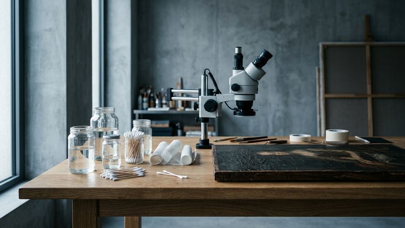 Conservation studio table in raking light, with solvent jars, cotton swabs, a stereo microscope and a fragment of aged, unlabelled panel, no readable text