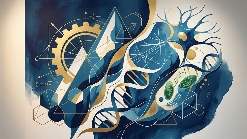 Abstract geometric forms intersecting with organic cellular structures in shades of blue and gold
