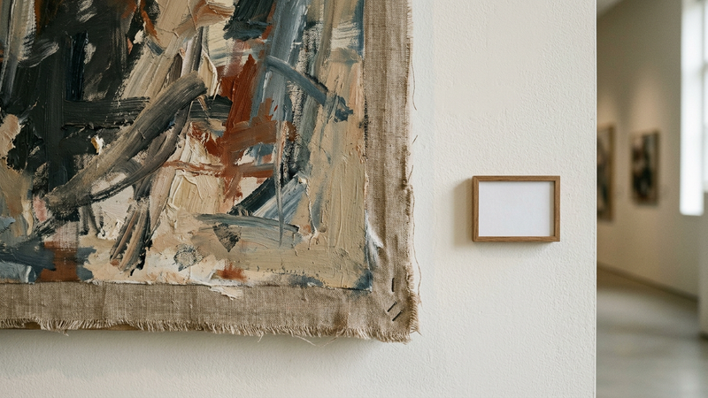 Close view of a typed museum object label beside the corner of an abstract painting on a white gallery wall under even daylight
