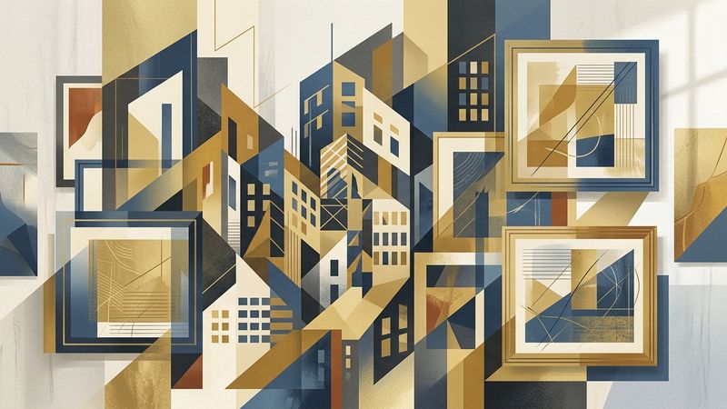 Abstract representation of artworks and real estate documents in legal dispute
