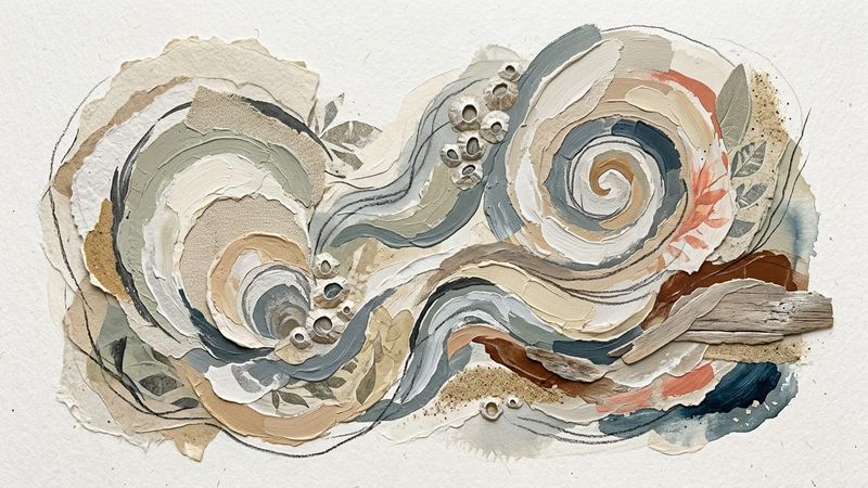 Abstract contemporary sculpture resembling an open oyster shell constructed from layered natural materials, set against a soft coastal backdrop