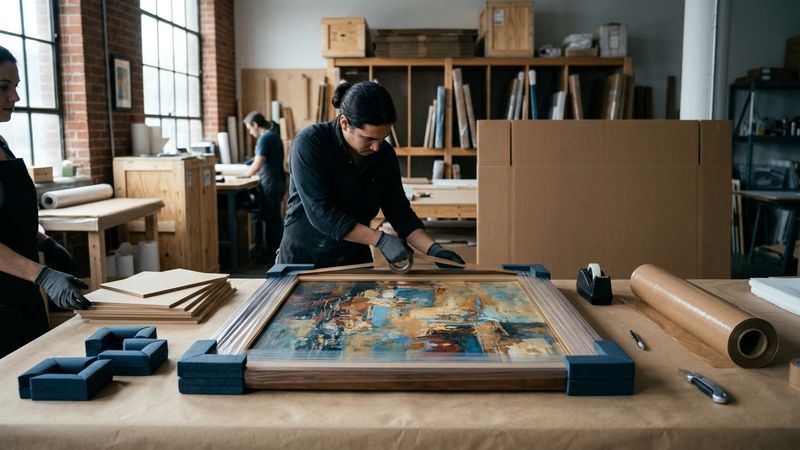 Soft-packed framed painting resting on closed-cell foam beside rigid boards and polyethylene sheeting in a clean packing studio
