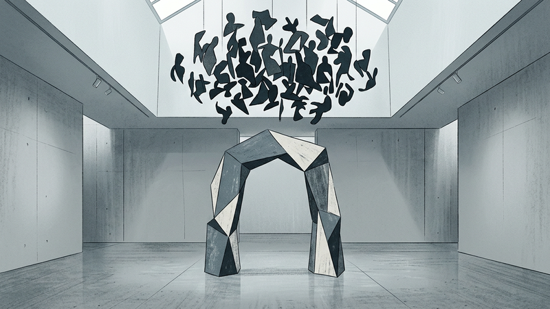 Abstract contemporary composition featuring suspended avian forms and a fragmented architectural arch against a muted grey background