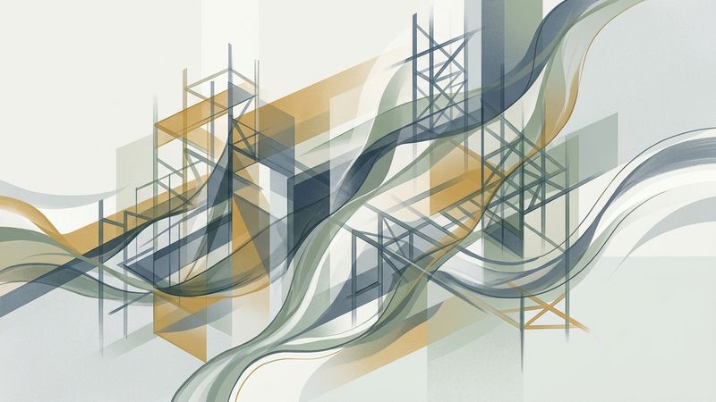 Abstract composition blending geometric forms with circuit-like patterns, symbolising the fusion of creative practice and technological systems.