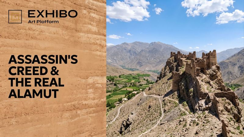 The ruined mountain fortress of Alamut on a narrow rock spur in the Alborz mountains of northern Iran, its broken walls rising above a green valley under a clear sky.
