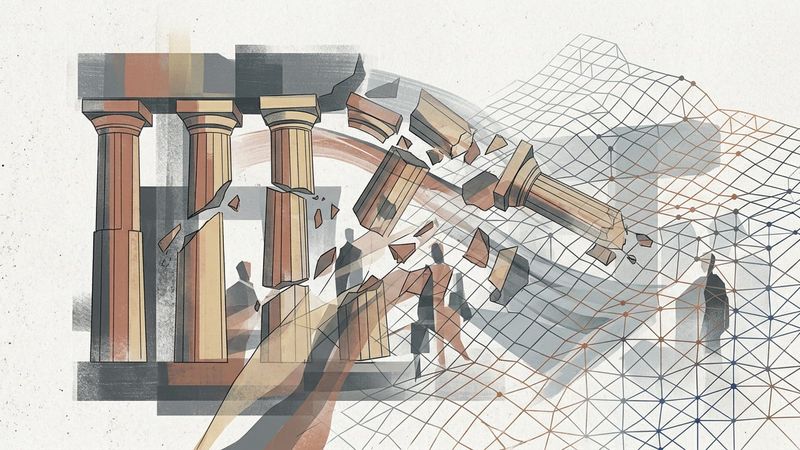 Abstract contemporary illustration depicting fragmented classical columns merging with digital satellite grid lines over a muted coastal landscape