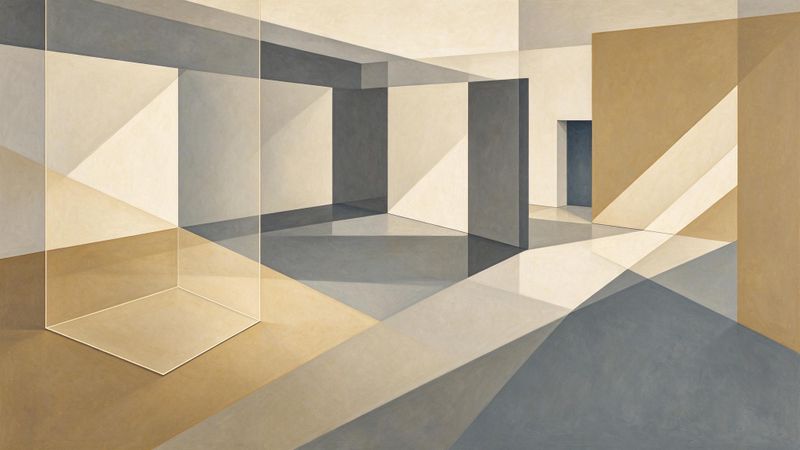 Abstract contemporary architectural rendering of a light-filled educational space with geometric forms and soft natural lighting