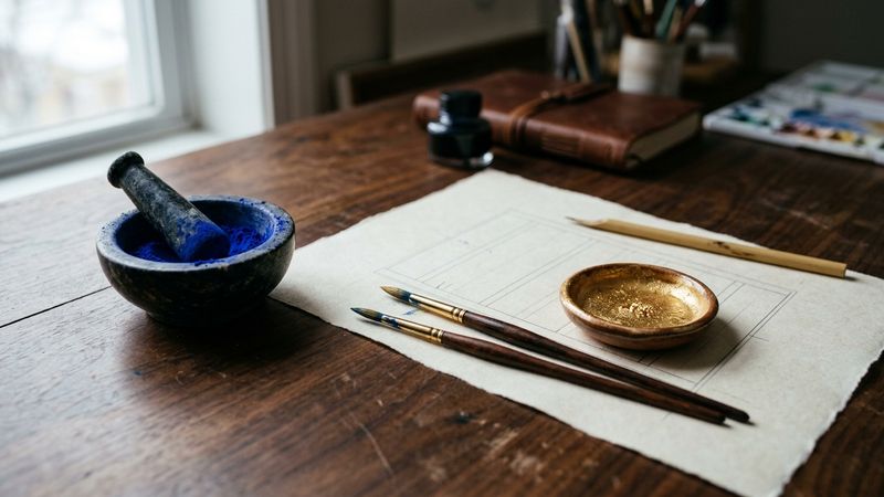 Editorial still life of Persian miniature workshop materials: cut squirrel-hair brushes, lapis pigment bowl, shell gold dish and sized paper sheet on dark wood under cool sidelight