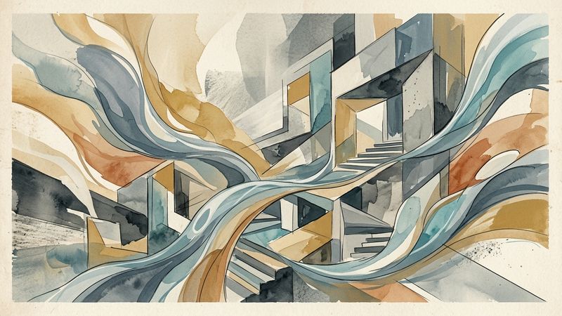 Abstract composition blending flowing water textures with geometric gallery fragments in muted earth tones