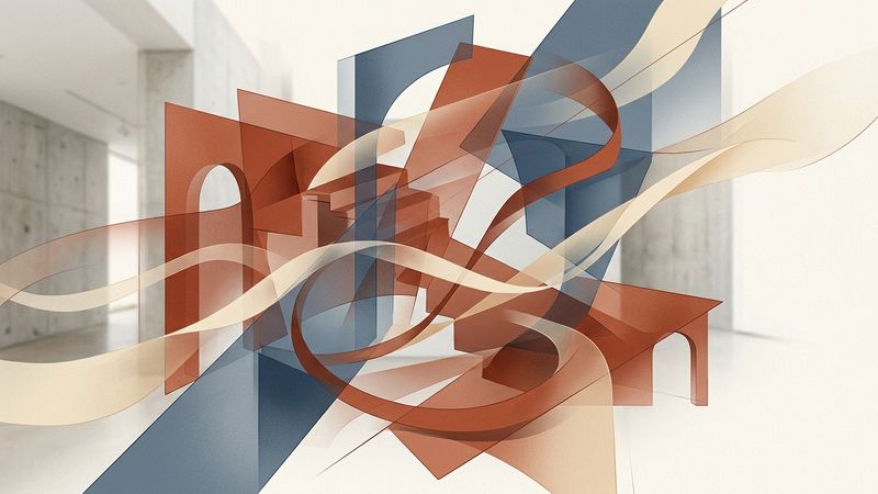 Abstract geometric composition representing architectural heritage and cultural narratives in muted earth tones