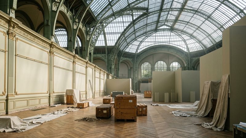 Sunlit nineteenth-century Paris exhibition hall with ornate iron-and-glass roof, empty picture rails and warm oak floors before hanging day
