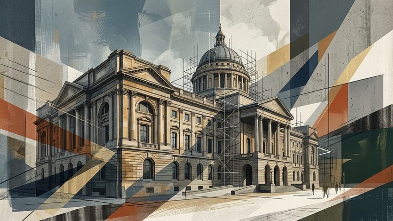 Abstract representation of a museum undergoing renovation with scaffolding and modern elements