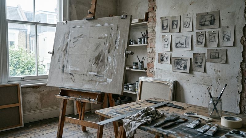 Empty painter’s studio with a square canvas on an easel, charcoal thumbnails pinned beside it, cool north window light, no people.