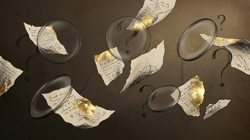 Abstract contemporary composition featuring vintage typewriter keys dissolving into swirling ink trails and geometric mystery motifs