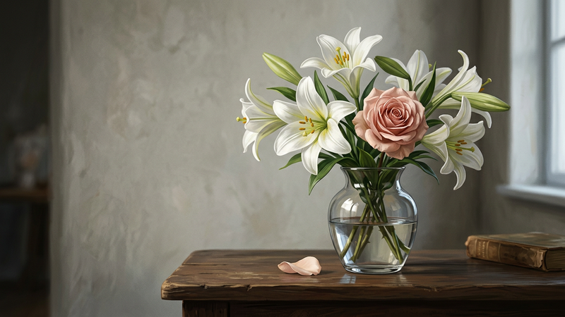 Close view of cut white lilies and a rose in a clear glass vase on an oak table, cool north window light, no people.
