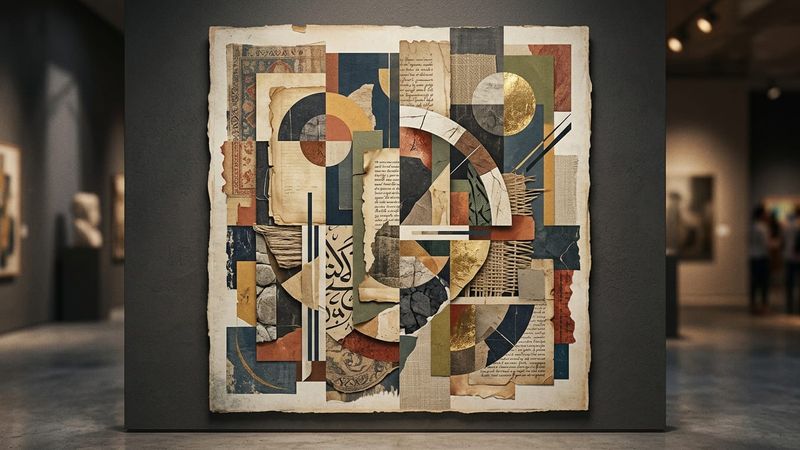 Abstract contemporary composition showing layered archival textures, geometric fragments, and muted tones symbolising cultural preservation, executed in a modern graphic style with no text or