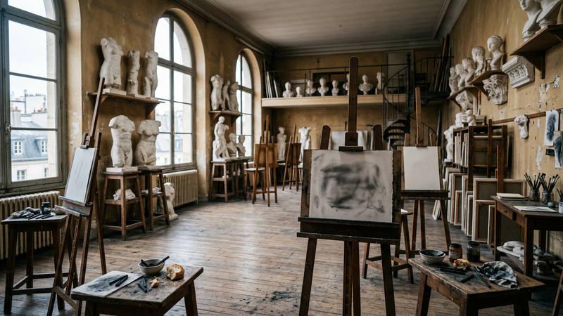 Sunlit Beaux-Arts studio with plaster casts, oak drawing benches and bowls of charcoal, no identifiable masterpiece