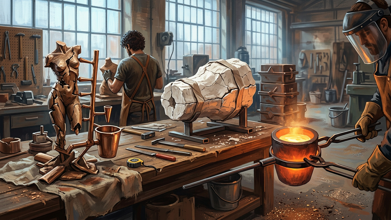 Foundry floor with wax sculpture sprued on a tree, ceramic shell moulds on racks and molten bronze crucible glow in cool industrial light, no readable text