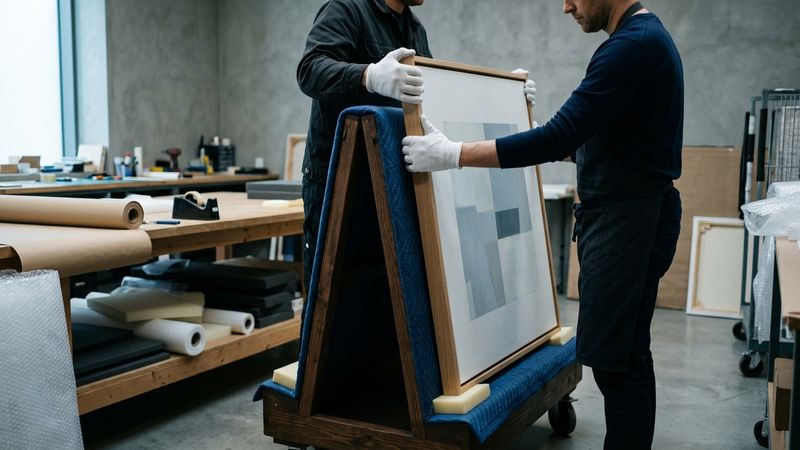 Soft-gloved hands guiding a framed painting onto padded A-frame supports in a calm museum prep room with cool north light