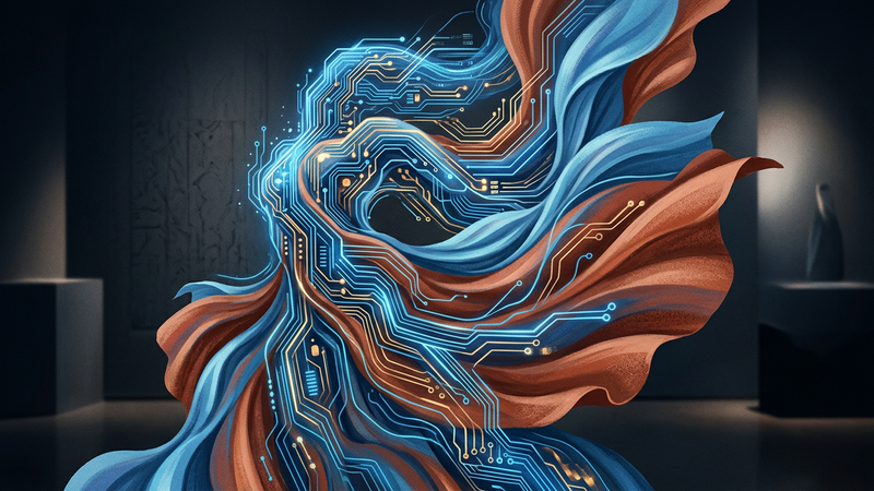 Abstract composition blending geometric digital grids with fluid organic forms, rendered in muted tones