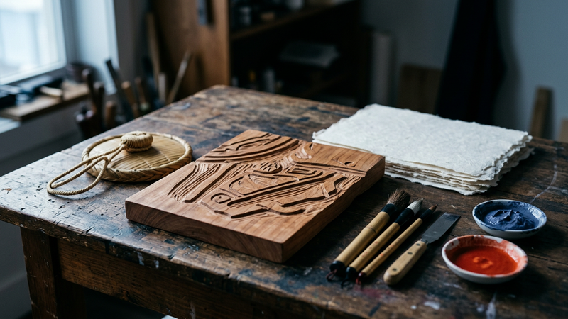 Cherry woodblock, baren and sheets of mulberry paper on a workshop table under cool north light, suggesting Edo colour woodblock printing
