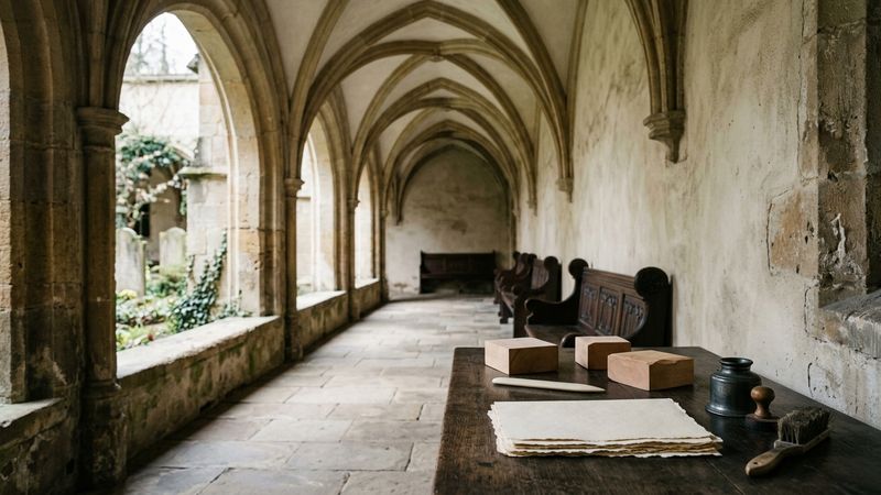 Candlelit cloister arcade of pale stone, empty of figures, with a long plastered wall receding in 16:9, cool north light and a printer’s oak bench with unmarked woodblocks and rag paper in the foregro