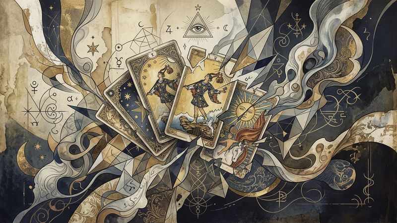 Abstract editorial illustration of tarot cards dissolving into Renaissance architectural motifs and Surrealist dream imagery in muted gold and indigo tones