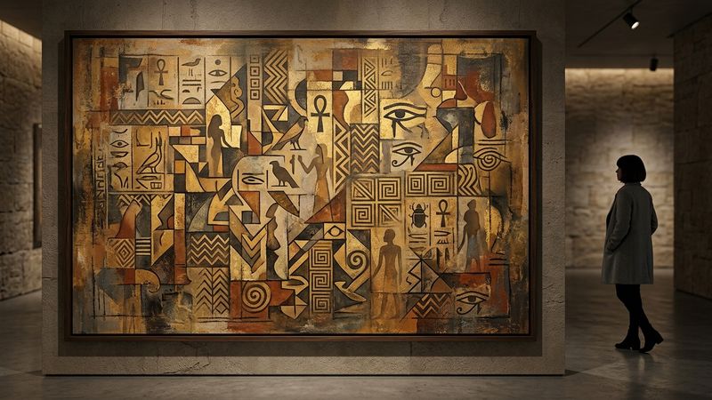 Abstract illustration of ancient Egyptian hieroglyphs and tomb carvings in earthy tones