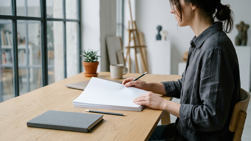 Neat stack of printed CV pages with pencil and plain notebook on a pale desk under cool north window light