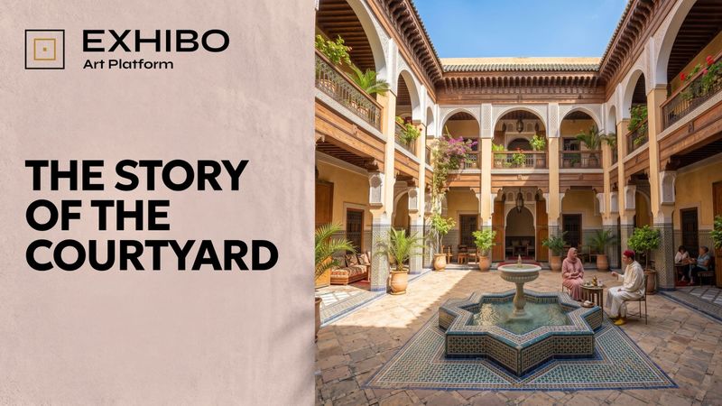 Sunlit central courtyard of a traditional Moroccan riad in the Fez medina, with zellij tilework, arched galleries and a fountain beneath an open square of sky.