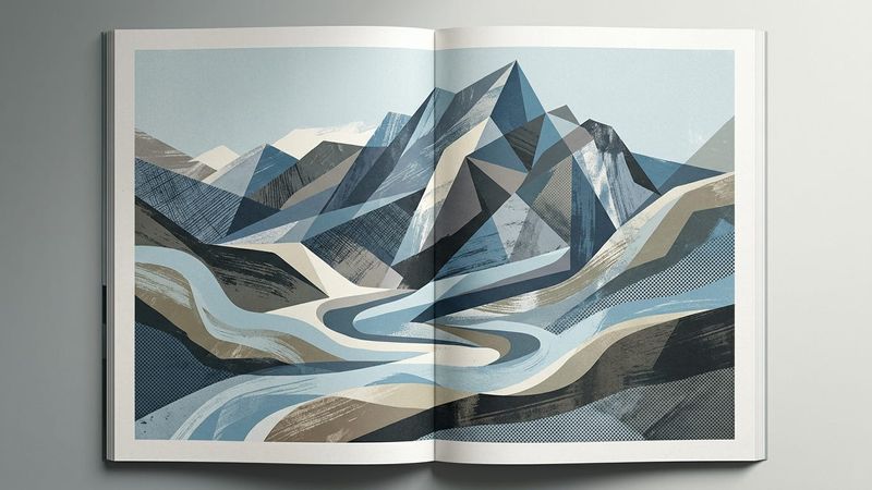 Abstract contemporary composition featuring geometric mountain silhouettes and cool blue tones representing alpine immersion