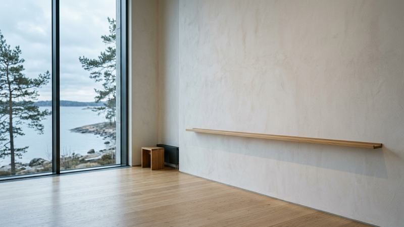 Cool northern gallery light on bare oak floorboards and a pale wall, with a distant view through a tall window toward grey-blue water and sparse pines