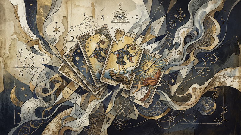 Abstract editorial illustration of tarot cards dissolving into Renaissance architectural motifs and Surrealist dream imagery in muted gold and indigo tones