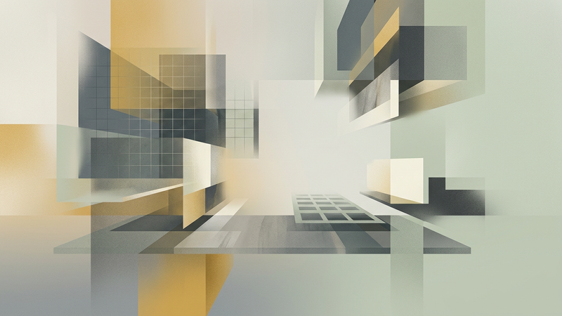 Abstract composition depicting overlapping translucent geometric shapes in muted earth tones, suggesting layers of urban architecture dissolving into calm negative space