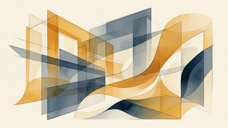 Abstract contemporary composition featuring layered geometric forms and muted earth tones
