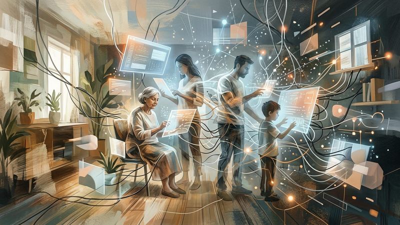 Abstract editorial illustration of overlapping domestic and digital spaces, with fragmented figures and flowing data streams in muted tones