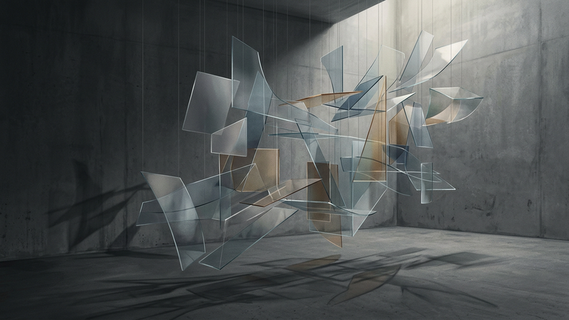 Abstract contemporary installation featuring floating geometric forms interacting with natural light and shadow in a minimalist architectural setting