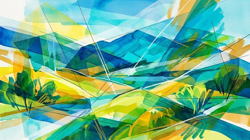 Abstract composition featuring bold geometric forms and vibrant colour fields evoking Hockney's distinctive palette and spatial investigations