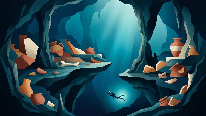 Abstract contemporary illustration of submerged limestone caverns with fragmented pottery and skeletal silhouettes in cool blue and earth tones