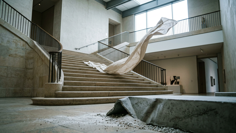 Sunlit museum staircase of pale stone, a length of white cloth caught as if by wind on the landing, no figure and no inscription.