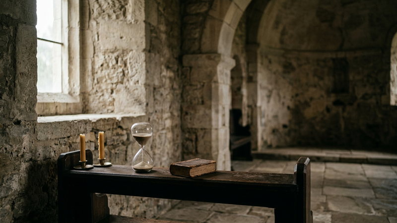 Candlelit stone chapel with an hourglass, closed leather-bound book and unlit beeswax tapers on an oak bench, cool north window light, no figures.