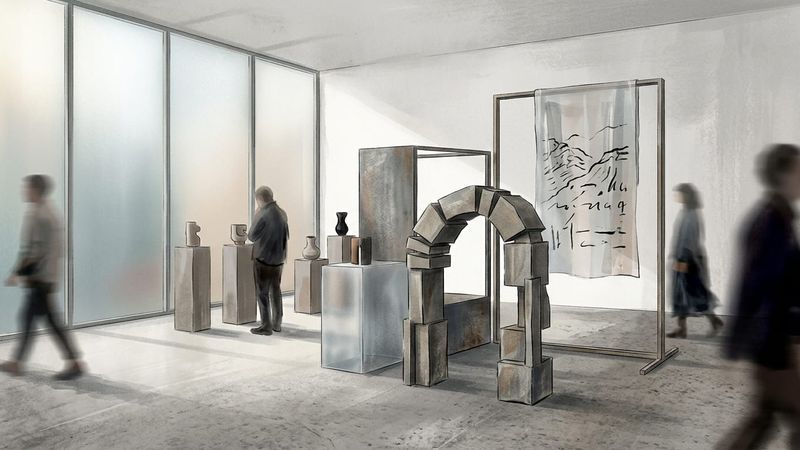 Interior view of a contemporary temporary gallery space with white walls and visitors viewing displays